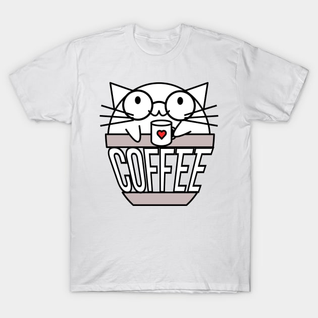 Cat in coffee cup with warped text holding coffee cup with heart wearing glasses T-Shirt by coffeewithkitty